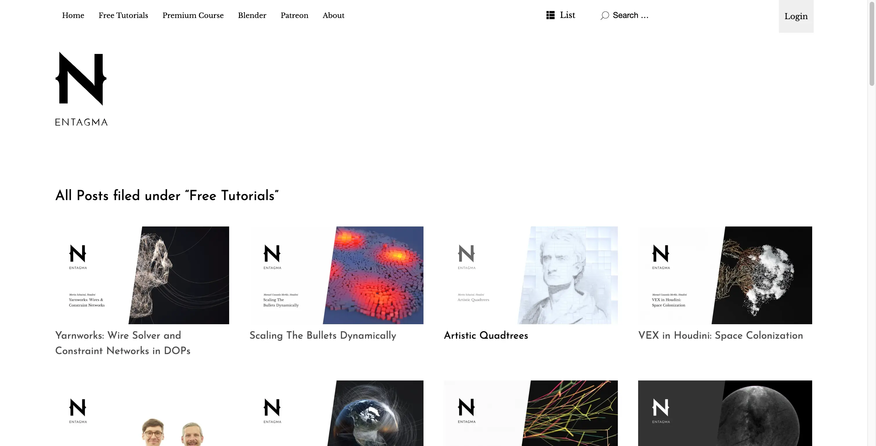 Official Entagma Free Tutorials Page - Houdini Particle Dynamics and VEX SOPs: SideFX Featured Collection showcasing professional particle dynamics, VEX programming, and SOPs techniques including "Yarnworks: Wire Solver", "Scaling The Bullets Dynamically", "Artistic Quadtrees", and "VEX in Houdini: Space Colonization"