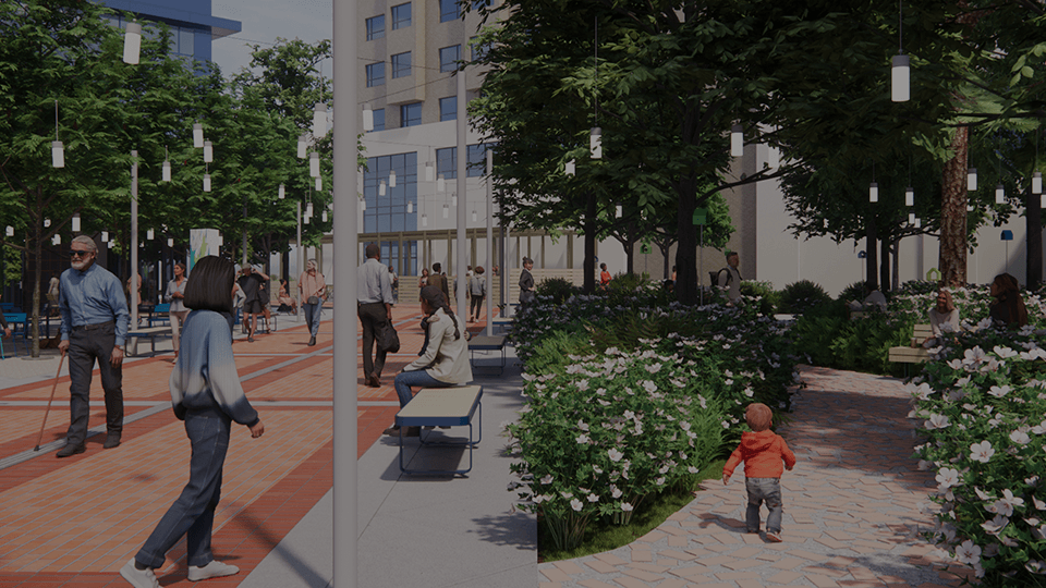 Chaos Envision real-time architectural rendering software showing photorealistic city hall plaza with urban landscape visualization