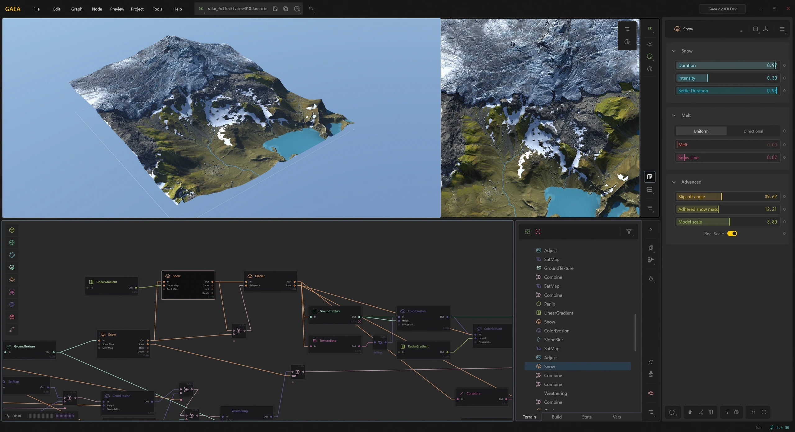 Gaea terrain software user interface showing node-based procedural workflow and real-time preview