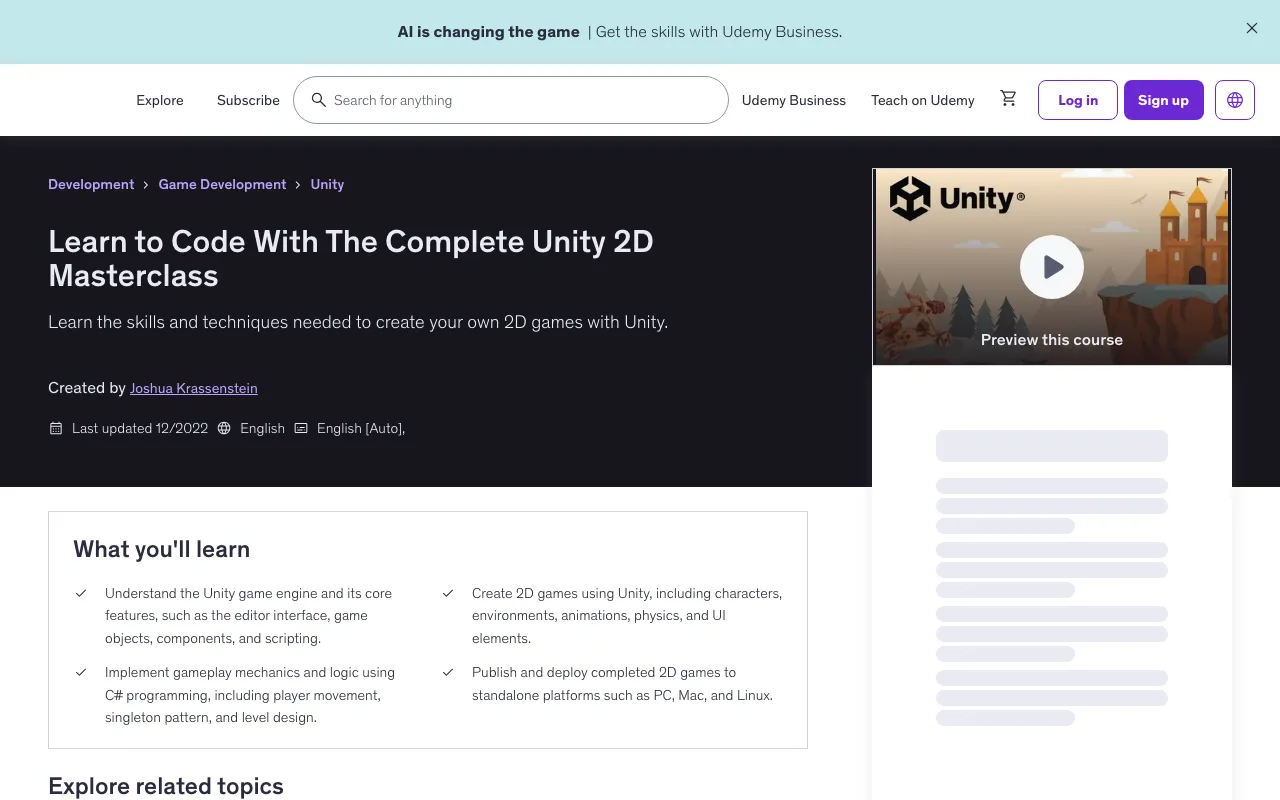 Learn to Code With The Complete Unity 2D Masterclass